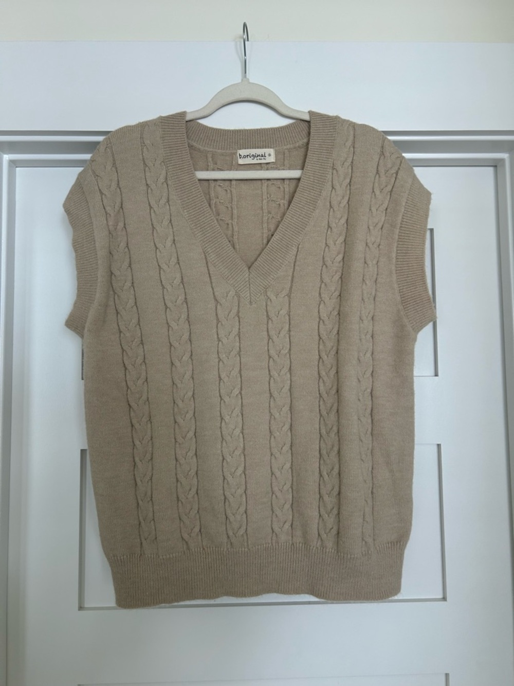 Cable-Knit V-Neck Sweater Vest in Beige by
